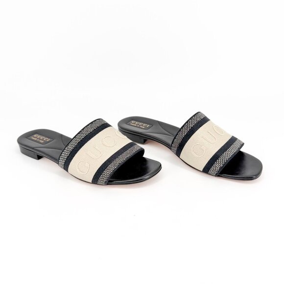 Gucci Jane Black White Embroidered Logo Slide Mule Sandals Size 39 US 9 Women's - Picture 1 of 15